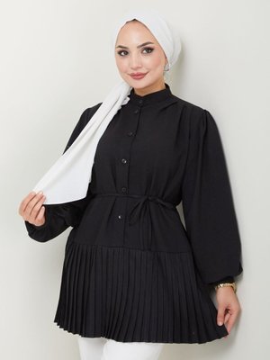 Siyah Önü Düğmeli Piliseli Prenses Kol Tunik Siyah Önü Düğmeli Piliseli Prenses Kol Tunik