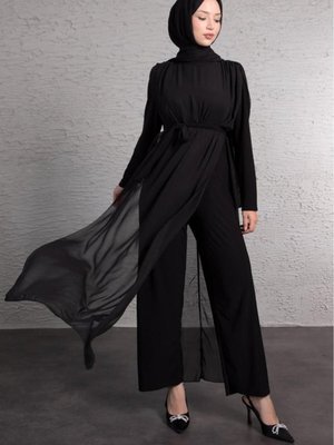 Tül Detaylı Kuşak Bağlamalı Tulum Siyah