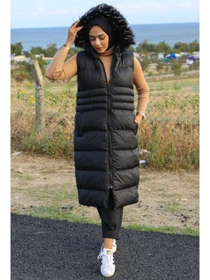 Siyah Bestenur Afra Çift Cepli Kapüşonlu Şişme Yelek