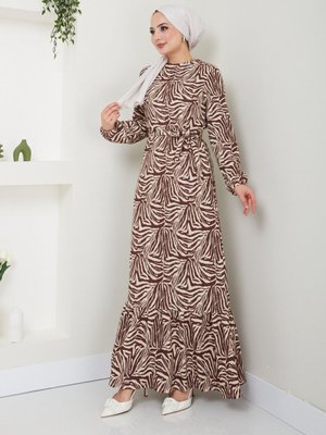 Kahverengi Etnik Desenli Kuşaklı Elbise Kahverengi Etnik Desenli Kuşaklı Elbise