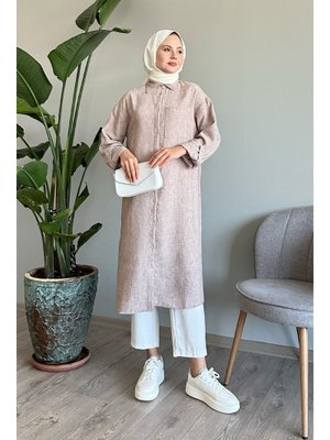 Keten Cepli Uzun Bej Salaş Gömlek