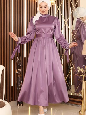 Lila İncili Saten Abiye Elbise