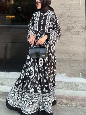 Siyah Etnik Desenli Viskon Elbise