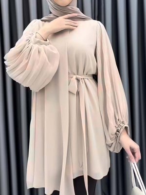 Abiye Tunik Kol Piliseli Manşetli Taşlı Bej