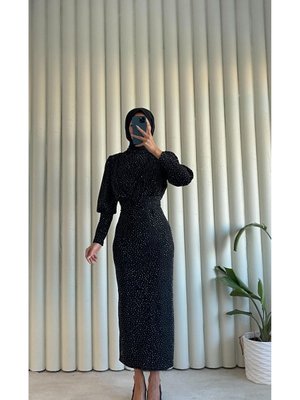 Yenı Sezon Balon Kol Önü Çapraz Kemer Detaylı Işıltılı Abiye Elbise