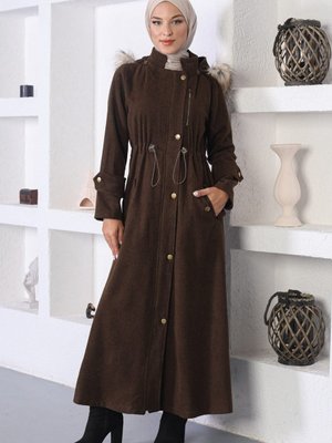 Kahverengi Beli Lastikli Kaşe Kaban