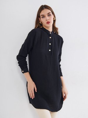 Siyah Muslin Uzun Kollu Hakim Yaka Cepli Yazlık Tunik Gömlek Elbise Siyah Muslin Uzun Kollu Hakim Yaka Cepli Yazlık Tunik Gömlek Elbise