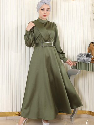 Haki Drapeli Saten Abiye Elbise Haki Drapeli Saten Abiye Elbise