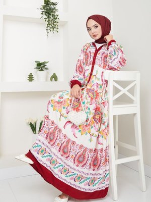 Kırmızı Renkli Etnik Desenli Elbise Kırmızı Renkli Etnik Desenli Elbise