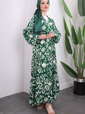 Zümrüt Yeşili Yarım Düğmeli Eteği Katlı Viscon Elbise Zümrüt Yeşili Yarım Düğmeli Eteği Katlı Viscon Elbise