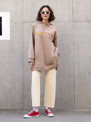 Pamuklu Baskılı Sweatshirt Açık Vizon Pamuklu Baskılı Sweatshirt Açık Vizon