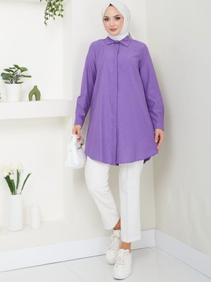 Mor Terikoton Gizli Düğmeli Boyfriend Gömlek