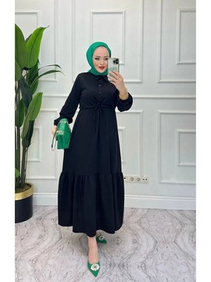 Siyah Bel Tünel Detaylı Elbise