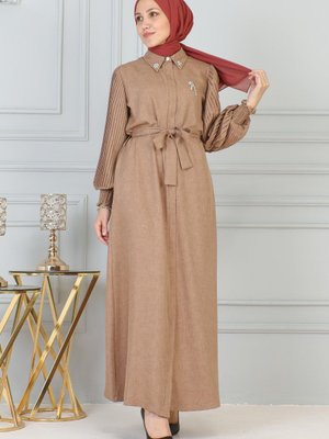 Taba Taş Detaylı Fermuarlı Ferace