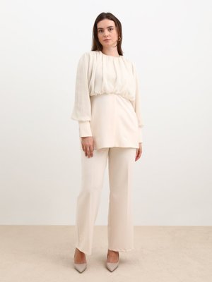 Bej Büyük Beden Şifon Detaylı Abiye Takım