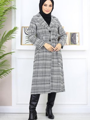 Siyah Ekoseli Şanel Kaşe Kaban