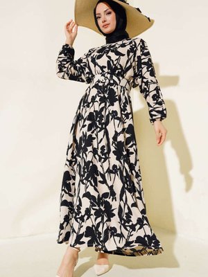 Siyah Çiçek Desen Kemerli Bürümcük Elbise