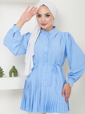 Mavi Önü Düğmeli Piliseli Prenses Kol Tunik Mavi Önü Düğmeli Piliseli Prenses Kol Tunik