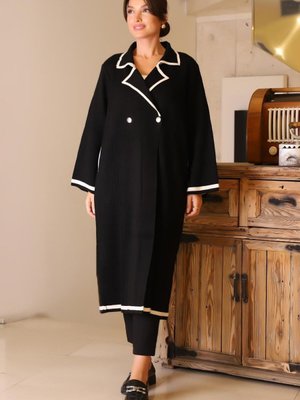 Siyah Gömlek Yaka Uzun Triko Hırka