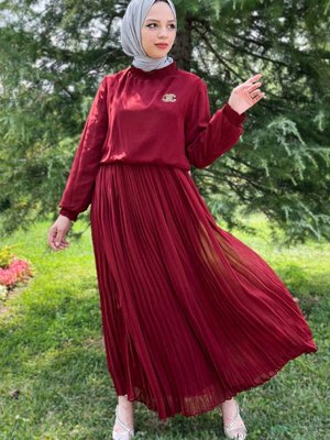 Bordo Pileli Şifon Abiye Elbise Bordo Pileli Şifon Abiye Elbise