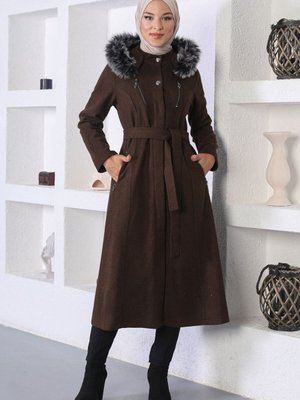 Kahverengi Fermuar Detaylı Kaşe Kaban