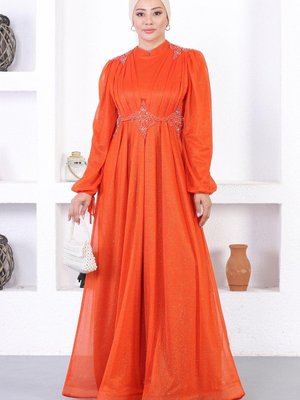 Kiremit İncili Dantelli Simli Abiye Elbise