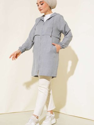 Gri Araboy Kapüşonlu Fermuarlı Keten Kap Gri Araboy Kapüşonlu Fermuarlı Keten Kap