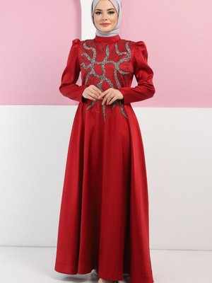 Bordo Taşlı Saten Abiye Elbise Bordo Taşlı Saten Abiye Elbise