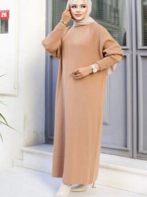 Vizon Bisiklet Yaka Ve Balon Kollu Uzun Trend Şık Triko Elbise Vizon Bisiklet Yaka Ve Balon Kollu Uzun Trend Şık Triko Elbise