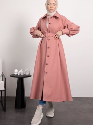 Dikdörtgen Kemerli Balon Kol Kaşe Kaban Pembe