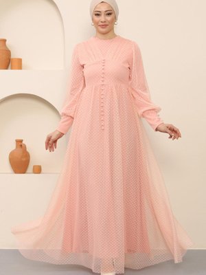 Pudra Düğme Detaylı Tül Abiye Elbise