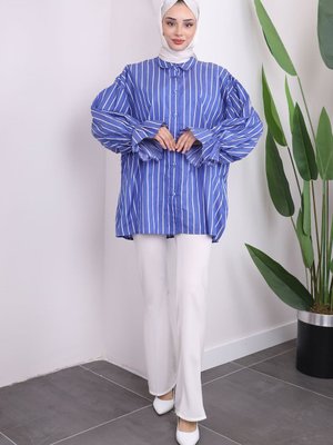 Saks Mavisi Kol Lastikli Çizgili Gömlek