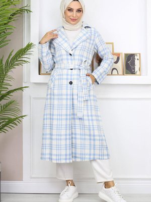 Mavi Ekoseli Şanel Kaşe Kaban