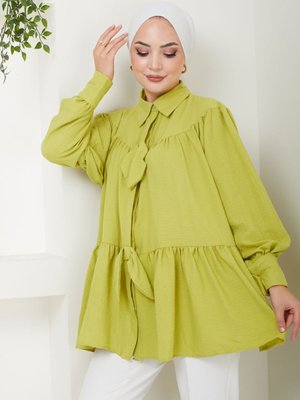 Yağ Yeşili Fiyonk Detaylı Gömlek Yaka Tunik Yağ Yeşili Fiyonk Detaylı Gömlek Yaka Tunik