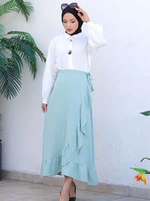 Fırfırlı Tasarım Etek Çağla Yeşili