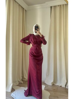 Kolları Püsküllü Kuyruklu Saten Abiye Elbise