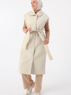 Bej Oversize Çıtçıtlı Dikey Çizgi Uzun Kapitone Yelek