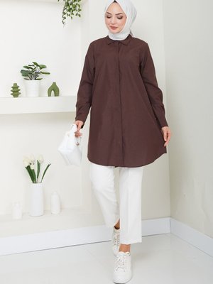 Kahverengi Terikoton Gizli Düğmeli Boyfriend Gömlek