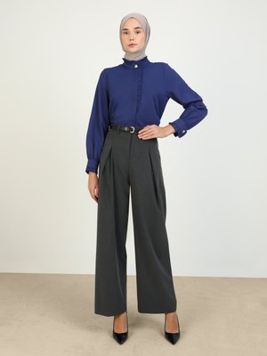 Lacivert Düğme Ve Fırfır Detaylı Poplin Tunik