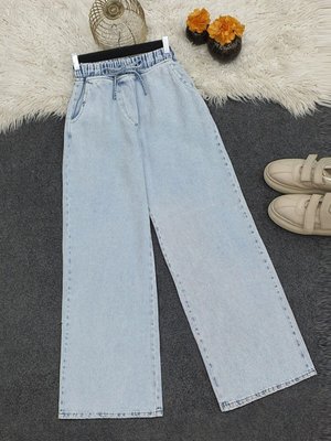 Beli Bağlamalı Bol Paça Cepli Kot Pantolon