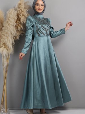 Mint Taşlı Yakma Desenli Abiye Elbise Mint Taşlı Yakma Desenli Abiye Elbise