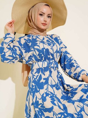 Mavi Çiçek Desen Kemerli Bürümcük Elbise