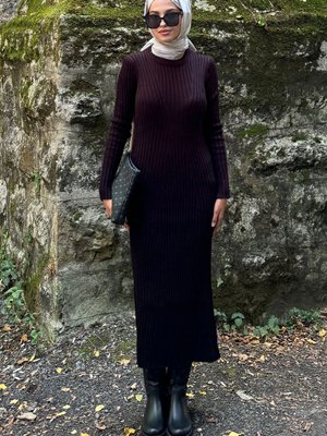 Siyah Fitilli Triko Elbise