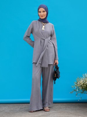 Bağlama Detaylı Tunik & Pantolon İkili Takım Taş Mavi Bağlama Detaylı Tunik & Pantolon İkili Takım Taş Mavi