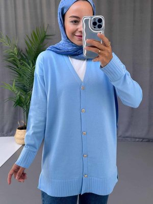 V Yaka Yandan Yırtmaçlı Merserize Hırka Mavi