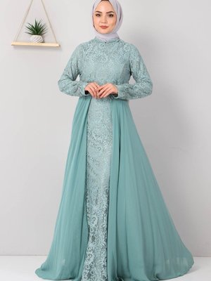 Mint Taş Detaylı Balık Abiye Elbise