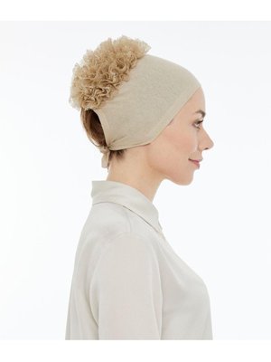 Dikişsiz Kaymaz Güpür Fırfırlı Bone Krem