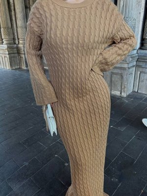 Camel Saç Örgü Desenli Uzun Kollu Triko Elbise