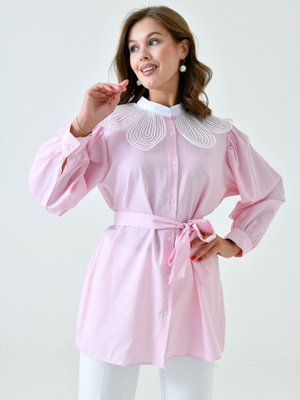 Yaka Detaylı Çizgili Gömlek Pembe