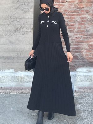 Siyah Kamel Dügmeli Fitilli Elbise